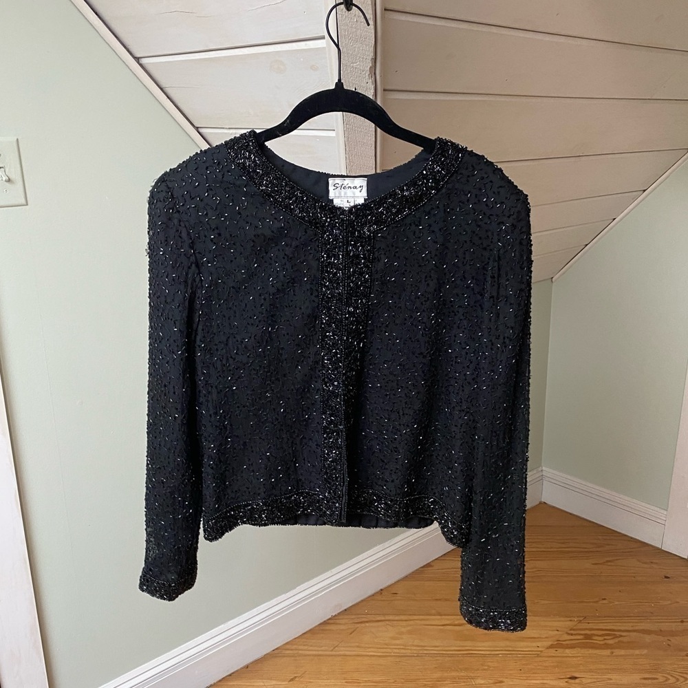 Stenay, Black Silk, Blazer Jacket, Long Sleeve, Size L embellished with beads
